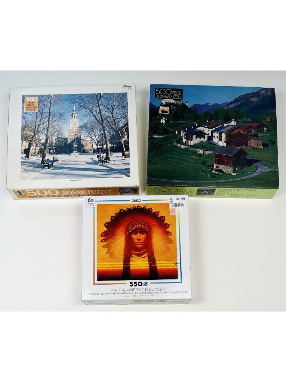 VTG Lot 3 JIGSAW PUZZLES 500pc Ceaco Rainbow Works Village NIB NEW Sealed